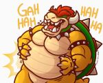  2017 2_horns 4_fingers anthro armband barazoku belly belly_jiggle belly_scales biceps big_belly bowser bracelet claws collar collar_only countershade_face countershade_scales countershade_tail countershading crazy-go-lucky_(artist) digital_media_(artwork) emanata eyebrows eyes_closed fangs featureless_crotch finger_claws fingers green_body green_scales hair hand_on_stomach holding_belly horn jewelry koopa laugh male mario_bros motion_lines musclegut muscular muscular_anthro muscular_male nintendo nude open_mouth open_smile overweight overweight_anthro overweight_male pecs pink_tongue red_eyebrows red_hair reptile scales scalie shaded sharp_teeth shell signature simple_background smile solo spiked_armband spiked_bracelet spiked_collar spiked_shell spikes spikes_(anatomy) tan_body tan_countershading tan_scales teeth text themongrel thick_thighs three-quarter_view tongue video_games white_background yellow_body yellow_scales 