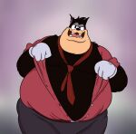  anthro belt belt_buckle bottomwear clothing disney domestic_cat felid feline felis gloves goof_troop handwear hi_res male mammal moobs necktie overweight overweight_anthro overweight_male pants peter_pete_sr. smallfryspy smile smug solo stubble unbuttoned undressing 