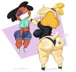  absurd_res animal_crossing anthro big_butt bulge butt canid canine canis domestic_dog duo female fur hi_res huge_butt human isabelle_(animal_crossing) male mammal nintendo purple_yoshi_draws shih_tzu spank_marks standing thick_thighs toy_dog video_games yellow_body yellow_fur 