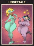  3:4 abstract_background alligator alligatorid anthro areola bedroom_eyes big_breasts black_hair blonde_hair blue_highlights bratty_(undertale) breast_size_difference breasts catty_(undertale) claws crocodilian crossed_legs curvaceous curvy_figure domestic_cat duo ear_piercing ear_ring english_text eyeliner featureless_crotch felid feline felis female front_view fur green_body green_scales hair hi_res highlights_(coloring) huge_thighs lipstick looking_at_viewer makeup mammal narrowed_eyes nipples non-mammal_breasts non-mammal_nipples nude on_one_leg open_mouth open_smile piercing pigtails pink_sclera purple_body purple_fur reptile scales scalie seductive signature simple_background small_waist smile standing text thick_thighs undertale undertale_(series) video_games voluptuous wolftang yellow_sclera 