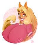  2019 activision anthro bandicoot big_breasts blonde_hair breasts clothing crash_bandicoot_(series) doppledadko eyebrows female green_eyes hair hi_res huge_breasts hyper hyper_breasts looking_at_viewer makeup mammal marsupial mature_female nipple_outline pink_clothing pink_shirt pink_topwear shirt smile solo tawna_bandicoot teeth topwear video_games 