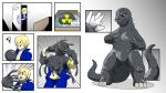  16:9 blonde_hair blue_clothing bound clothing comic encasement fan_character female feral ftm_transformation gender_transformation godzilla godzilla_(series) goo_transformation green_eyes grey_body grey_scales grey_skin hair human lizardman_(artist) male mammal rubber rubber_clothing rubber_suit scales solo toho transformation widescreen 