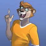  1:1 2021 absurd_res anthro brown_body brown_fur clothing eyebrows eyewear fangs felid fur gesture glasses hi_res inner_ear_fluff looking_at_viewer machairodontine male mammal open_mouth raised_finger raised_index_finger saberspark saberspark_(character) sabertooth_(anatomy) shirt solo tongue topwear triptogames tuft 