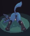  3_toes animal_genitalia animal_pussy anthro anus aroused ass_up black_pussy blue_body blue_butt blue_fur blue_tail bodily_fluids butt canid canine canine_pussy digitigrade feet female fur genital_fluids genitals hi_res looking_at_viewer looking_back lucario mammal nintendo outline pok&eacute;mon pok&eacute;mon_(species) presenting presenting_anus presenting_hindquarters presenting_pussy purple_eyes purple_outline pussy pussy_juice rear_view shaded solo spread_legs spreading toes video_games zarra_(artist) 