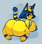  3_toes animal_crossing ankha_(animal_crossing) anthro areola bent_over big_breasts big_butt blue_areola blue_ears blue_eyes blue_eyeshadow blue_hair blue_nipples blue_pupils blue_tail bored bottomless bottomless_female breasts butt cat_tail closed_frown clothed clothing domestic_cat egyptian exposed_breasts eyelashes eyeshadow feet felid feline felis female fur hair half-closed_eyes hi_res huge_breasts huge_butt kneeling looking_back makeup mammal markings mostly_nude mouth_closed narrowed_eyes nintendo nipples nondelismell on_ground partially_clothed pupils raised_tail rear_view shirt shirt_only short_hair side_boob solo striped_markings striped_tail stripes tail_markings toes topwear topwear_only two_tone_tail unamused uraeus video_games white_clothing white_shirt white_topwear yellow_body yellow_fur yellow_inner_ear yellow_tail 