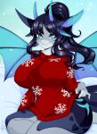  2020 2_horns 4_ears 5_fingers anthro big_breasts black_hair blue_eyes blue_wings breasts christmas christmas_clothing christmas_sweater christmas_topwear clothing clothing_pull curvaceous curvy_figure cyan_background digital_media_(artwork) dragon female fingers hair hi_res holidays horn hourglass_figure multi_ear nanniras nipple_outline pillow plant pose red_clothing red_sweater red_topwear shaded short_hair signature simple_background sitting sitting_on_pillow smile solo spread_wings sweater thick_thighs topwear tree valerie_(vulpisshadowpaws) voluptuous wings 