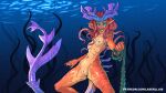  16:9 absurd_res anthro areola biped breasts female first_person_view genitals green_eyes hi_res leash leashed_pov lluisabadias looking_at_viewer marine navel nipples nude orange_body pseudo_hair pussy solo tentacle_hair tentacles text underwater url water widescreen 