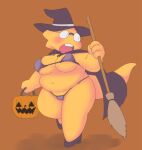  alphys alpi anthro basket belly big_breasts bikini blush bodily_fluids breasts broom buckteeth cape cleaning_tool clothed clothing container eyewear female front_view glasses halloween halloween_costume hat headgear headwear hi_res high_heels holidays jack-o&#039;-lantern lizard navel non-mammal_breasts open_mouth overweight overweight_anthro overweight_female reptile scales scalie short_stack simple_background skimpy solo sweat swimwear teeth thick_tail thick_thighs triangle_bikini trick_or_treat undertale_(series) walking witch_costume witch_hat yellow_body yellow_scales 