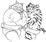  anthro beard black_and_white btiefs bulge clothing duo facial_hair felid hand_holding male mammal monochrome open_mouth overweight pantherine shirt shocked simple_background smile suid suina sus_(pig) teeth_showing tetsuo_oshiba tiger tongue tongue_out topwear white_background wild_boar 