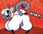  animal_crossing anthro backsack balls bottomless butt clothed clothing genitals haplorhine hat headgear headwear hi_res looking_back male mammal monkey niko_(animal_crossing) nintendo onomatopoeia penis primate rabblet rear_view solo sound_effects spanking text video_games 