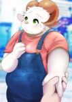  2021 anthro belly blush bovid caprine clothing goat green_eyes hand_holding hi_res humanoid_hands kemono male mammal overalls overweight overweight_male shirt solo_focus topwear white_body yukio_ammy 