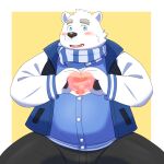  &lt;3 1:1 2021 anthro black_nose blue_eyes blush bottomwear clothing hi_res humanoid_hands kemono male mammal overweight overweight_male pants polar_bear scarf shirane_kan simple_background solo sweater topwear ursid ursine utau yaki_atsuage 