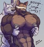  2021 abs anthro arms_tied biceps big_muscles big_pecs blindfold bound brown_body brown_fur brown_hair canid canine canis countershading digital_media_(artwork) dominant duo facial_scar fur hair hands_behind_back hi_res huge_muscles huge_pecs male male/male mammal moan muscular muscular_anthro muscular_male navel nipple_fetish nipple_focus nipple_play nipples pecs pole rafe_stenton scar smile submissive tan_body tan_fur tied_to_pole verb0ten wolf 