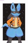  9:14 absurd_res blue_body blue_fur canid canine clothing cosmos darkbraixen fur hi_res lucario mammal nintendo pok&eacute;mon pok&eacute;mon_(species) pokemon_unite red_eyes space space_style_lucario video_games 