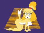  2021 4:3 all_fours animal_crossing anthro breasts calthespirit canid canine canis domestic_dog female full-length_portrait hi_res isabelle_(animal_crossing) looking_at_viewer mammal nintendo nipples nude open_mouth portrait purple_background raised_tail shih_tzu simple_background solo toony toy_dog video_games yellow_body 