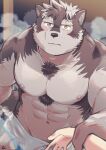  abs anthro blush body_hair canid canine canis chest_hair first_person_view hairy hi_res horkeukamui lifewonders male mammal muscular muscular_anthro muscular_male navel nipples pecs sauna sawch_cls tokyo_afterschool_summoners towel video_games wolf yellow_eyes 