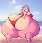  4_fingers amy_rose anthro beach big_breasts big_butt bikini biped breasts butt butt_cleavage butt_grab clothed clothing detailed_background eulipotyphlan female fingers fur green_eyes hair hand_on_butt hedgehog hi_res huge_breasts huge_butt huge_thighs hyper hyper_butt hyper_thighs looking_back mammal outside pink_body sand seaside sega side_boob sky solo sonic_the_hedgehog_(series) squish stunnerpony swimwear thick_thighs 