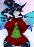  2020 2_horns 4_ears 5_fingers anthro big_breasts black_hair blue_eyes blue_wings breasts christmas christmas_clothing christmas_sweater christmas_topwear clothing curvaceous curvy_figure cyan_background digital_media_(artwork) dragon female fingers hair hand_on_breast hi_res holidays horn hourglass_figure multi_ear nanniras nipple_outline open_hand open_mouth pillow plant red_clothing red_sweater red_topwear shaded short_hair signature simple_background sitting sitting_on_pillow smile solo spread_wings sweater thick_thighs topwear tree valerie_(vulpisshadowpaws) voluptuous wings 