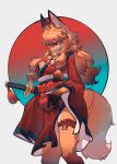  2021 4_fingers absurd_res anthro asian_clothing big_breasts breasts canid canine cleavage clothed clothing ear_tuft east_asian_clothing female fingers fluffy fluffy_tail fox fully_clothed fur hair hi_res japanese_clothing katana kemono kimono long_hair mammal melee_weapon orange_body orange_fur orange_hair red_clothing red_eyes red_kimono shiiorina simple_background snout solo standing sword tuft weapon 