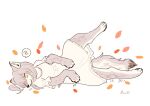  5_toes canid canine canis clothed clothing dress eyes_closed feet female fur grey_body grey_fur grey_hair hair leaf lying mammal nekomamanyao on_ground one_leg_up paws raised_leg semi-anthro simple_background sleeping smile sound_effects toes white_background wolf zzz 