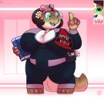  accessory anthro belly big_breasts blue_tongue breasts claws clothed clothing colored_nails digital_media_(artwork) drxii english_text eyewear female glasses green_eyes hair hair_accessory hair_bow hair_ribbon hi_res huge_breasts kobold kobold_quest nails nipple_outline non-mammal_breasts open_mouth overweight overweight_anthro pink_claws reptile ribbons scalie simple_background solo text thick_tail tongue 