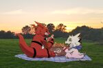  anthro bandai_namco bandanna bread digimon digimon_(species) digimon_ghost_game dinosaur duo eating food gammamon grin gualun1 guilmon hi_res kerchief male photo_background picnic picnic_blanket red_body reptile scalie smile white_body yellow_eyes 