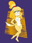  2021 3:4 animal_crossing anthro breasts calthespirit canid canine canis domestic_dog female full-length_portrait genitals hand_behind_head hi_res isabelle_(animal_crossing) mammal nintendo nipples nude portrait purple_background pussy shih_tzu simple_background smile solo toony toy_dog video_games yellow_body 