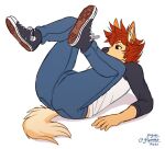  anthro butt canid canine canis clothed clothing converse converse_shoes domestic_dog hair lying male mammal on_back red_hair solo yuguni yuguni_(character) 