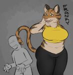  2021 anon anthro big_breasts black_body black_fur breasts digital_media_(artwork) duo felid female fur grey_background human larger_anthro larger_female male mammal orange_body orange_fur pantherine simple_background size_difference smaller_human smaller_male stripes taller_female tan_body tan_fur tiger yellow_eyes zzx 