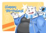  2021 anthro belly black_nose blue_eyes blush clothing hi_res humanoid_hands kemono male mammal overweight overweight_male polar_bear scarf shirane_kan solo sweater topwear ursid ursine utau white_body yanununununu 