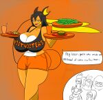  2017 amber_(igph) anthro ashley_(igph) beverage big_breasts black_hair bottomwear breasts brown_eyes burger chicken_meat cleavage cleavage_overflow clothed clothing crop_top curvy_figure dialogue diancie digital_media_(artwork) english_text erica_(igph) eyelashes female food fur hair hi_res hooters hourglass_figure huge_breasts igphhangout legendary_pok&eacute;mon looking_at_viewer mammal meat mega_evolution mega_mawile meloetta meloetta_(aria_form) midriff money multicolored_body multicolored_fur navel nekeisha_(igph) nintendo orange_background pok&eacute;mon pok&eacute;mon_(species) rachel_the_raichu_(igph) raichu shirt shorts side_boob simple_background smile solo standing teeth text thick_thighs tongue topwear two_tone_body two_tone_fur video_games voluptuous whimsicott white_body white_fur wide_hips work_uniform yellow_body yellow_fur 