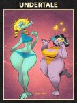  3:4 abstract_background alligator alligatorid anthro bedroom_eyes big_breasts bikini black_hair blonde_hair blue_highlights bratty_(undertale) breasts catty_(undertale) claws cleavage cleavage_cutout clothed clothing crocodilian crossed_legs curvaceous curvy_figure domestic_cat duo ear_piercing ear_ring english_text eyeliner felid feline felis female front_view fur green_body green_scales hair hi_res highlights_(coloring) huge_thighs lipstick looking_at_viewer makeup mammal narrowed_eyes non-mammal_breasts on_one_leg one-piece_swimsuit open_mouth open_smile piercing pigtails pink_sclera purple_body purple_fur reptile scales scalie seductive side_boob signature simple_background skimpy small_waist smile standing swimwear text thick_thighs under_boob undertale undertale_(series) video_games voluptuous wolftang yellow_sclera 