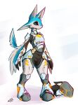  4_ears ambiguous_gender anthro armor avali avali_(original) avian black_eyes blue_body bodysuit breastplate clothing fluffy fluffy_tail grey_body headgear helmet hi_res lights lodi multi_ear skinsuit solo tight_clothing wide_hips winged_arms wings 
