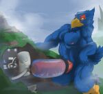  absurd_res anthro avian bodily_fluids erection falco_lombardi genital_fluids genitals hi_res internal macro male megan_(artist) mountain nintendo penetration penile penis penis_milking precum solo star_fox tunnel video_games worship 