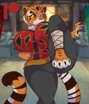  2021 anthro asian_clothing big_breasts breast_squish breasts chinese_clothing claws clothing digital_media_(artwork) dreamworks east_asian_clothing feet felid female hi_res huge_breasts kung_fu kung_fu_panda mammal master_tigress mastergodai pantherine raised_leg solo squish tiger toe_claws toes wide_stance yellow_sclera 