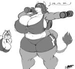  2021 absurd_res anthro big_breasts bottomwear bovid bovine breasts canid canine canis cattle clothing domestic_dog duo female hi_res huge_breasts mammal monochrome open_mouth shorts summer_(jwinkz) superia superix topwear 