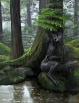  2019 absurd_res ambiguous_gender anthro biped black_body black_claws black_fur canid canine claws crossed_arms day detailed_background digital_media_(artwork) digital_painting_(artwork) fur glistening green_eyes hi_res liminalbean looking_up mammal moss nude one_eye_closed outside plant raining reflection shaded sitting solo tree water water_reflection were werecanid werecanine werewolf 