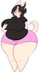  ameliemercedez anthro belly big_breasts black_hair blush bottomwear breasts catti_(deltarune) clothing curvy_figure deltarune domestic_cat ear_piercing ear_ring eyeliner eyeshadow felid feline felis female front_view frown fur hair hair_over_eye hand_on_breast highlights_(coloring) huge_breasts huge_hips huge_thighs looking_aside love_handles makeup mammal mascara nervous one_eye_obstructed overweight overweight_anthro overweight_female piercing pink_highlights shirt short_hair shorts simple_background solo thick_thighs tight_clothing tight_shirt tight_topwear topwear undertale_(series) video_games voluptuous white_body white_fur wide_hips yellow_sclera 