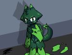  anthro changed_(video_game) covered_in_goo dragon eyebrows featureless_crotch goo_creature goo_dragon goo_hair green_body green_eyes long_tail looking_at_hand male markings nude pseudo_hair rubber shaded simple_background simple_shading solo sreeny standing timingtf_(artist) 