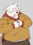  2021 anthro blush bottomwear canid canine canis clothing domestic_dog hoodie humanoid_hands kemono kisort male mammal overweight overweight_male pants simple_background solo topwear white_body 