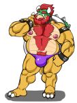  2021 anthro armband armpit_hair barazoku beard belly big_belly big_bulge big_muscles big_nipples body_hair bowser bracelet bulge buttdawg chest_hair claws clothing collar eyebrows facial_hair hair hairy happy_trail hi_res horn jewelry koopa male mario_bros musclegut muscular muscular_anthro muscular_male navel nintendo nipples obliques pecs pubes quads scalie shell simple_background solo spiked_shell spikes spikes_(anatomy) standing tan_background thong underwear video_games 