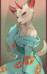  animal_crossing anthro asian_clothing blush breasts cervid cleavage clothed clothing digital_media_(artwork) east_asian_clothing female fingers hi_res hooved_fingers hooves horn japanese_clothing kimono ksyaro mammal nintendo off_shoulder shaded shino_(animal_crossing) smile solo video_games 