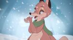  2021 anthro canid canine cheek_tuft eyelashes facial_tuft fox fur green_eyes head_tuft hi_res mammal mostly_nude open_mouth outside scarf scarf_only snow snowing solo standing tohupo tongue tuft whiskers 