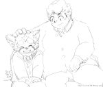  2021 ailurid anthro bottomwear chubby_protagonist_(tas) clothing duo eyes_closed hi_res human humanoid_hands kemono lifewonders male mammal monochrome moujya overweight overweight_male pants protagonist_(tas) red_panda shirt simple_background sitting tokyo_afterschool_summoners topwear video_games white_background zhurong_(tas) 