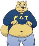  2015 anthro belly black_nose blush bottomwear canid canine canis clothing domestic_dog fat_hoodie hoodie humanoid_hands kemono kick_(artist) male mammal meme meme_clothing navel overweight overweight_male pants simple_background solo text text_on_clothing text_on_hoodie text_on_topwear topwear white_background 