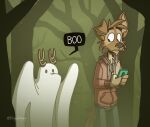  anthro antlers blue_bottomwear blue_clothing blue_pants bottomwear brown_body brown_fur brown_nose canid canine canis cellphone clothing domestic_dog duo fence fur ghost_costume green_sky hi_res hoodie horn looking_down male mammal matt_riskely night outside pants phone plant signature tinydeerguy topwear tree 