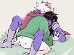  4:3 anthro blue_body blue_hair blue_skin bottomless bovid butt caprine clothed clothing deltarune duo fur goat hair hand_holding hi_res human human_on_anthro interspecies jetstarred kris_(deltarune) male male/male mammal penetration ralsei sex tail_motion tailwag undertale_(series) video_games white_body white_fur 
