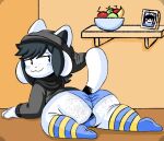  anthro balls blush canid canine clothed clothing felid feline footwear freckles genitals girly hair hat headgear headwear male mammal panties simple_background sketchssketchs smile socks tem temmie_(undertale) topwear undertale undertale_(series) underwear video_games white_body 