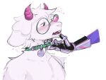  4:3 anthro blush bovid caprine collar collar_pull deltarune duo fur goat hi_res horn jetstarred male mammal name_tag pecs petplay ralsei roleplay shirtless undertale_(series) video_games white_body white_fur 