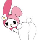  anthro ass_up blush butt female flower hi_res hood lagomorph leporid looking_at_viewer looking_back mammal my_melody onegai_my_melody pencil_bolt plant presenting presenting_hindquarters rabbit sanrio simple_background smile solo standing white_background white_body 